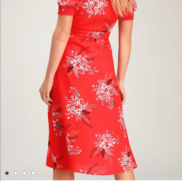 Lulus All the Sweetness Red Floral Print Puff Sleeve Midi Wrap Dress - Picture 2 of 9